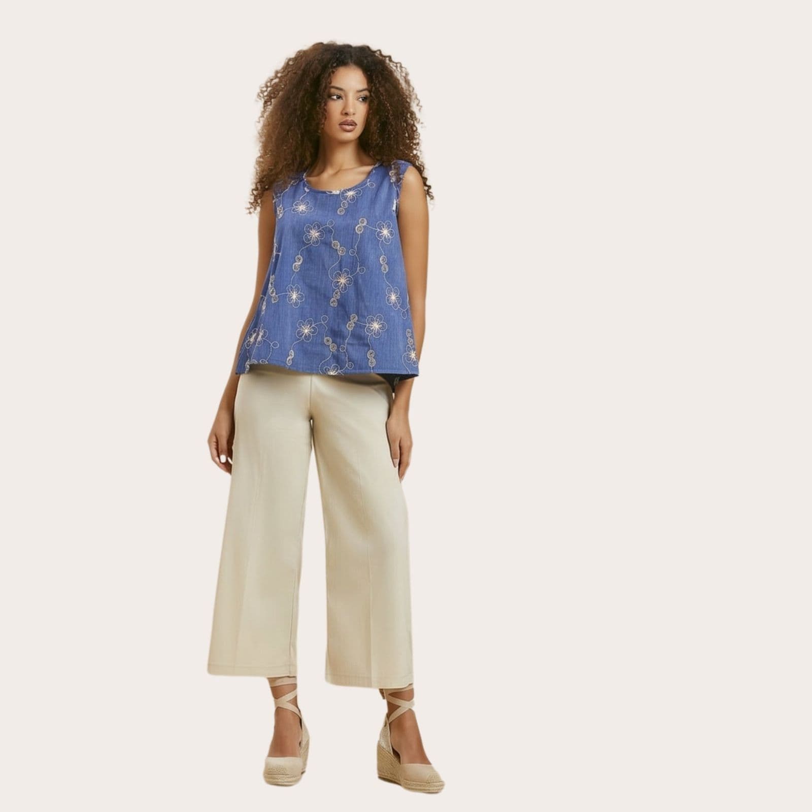 Pantalone estivo cropped palazzo in cotone – modello curvy con elastico in vita (PN 40)