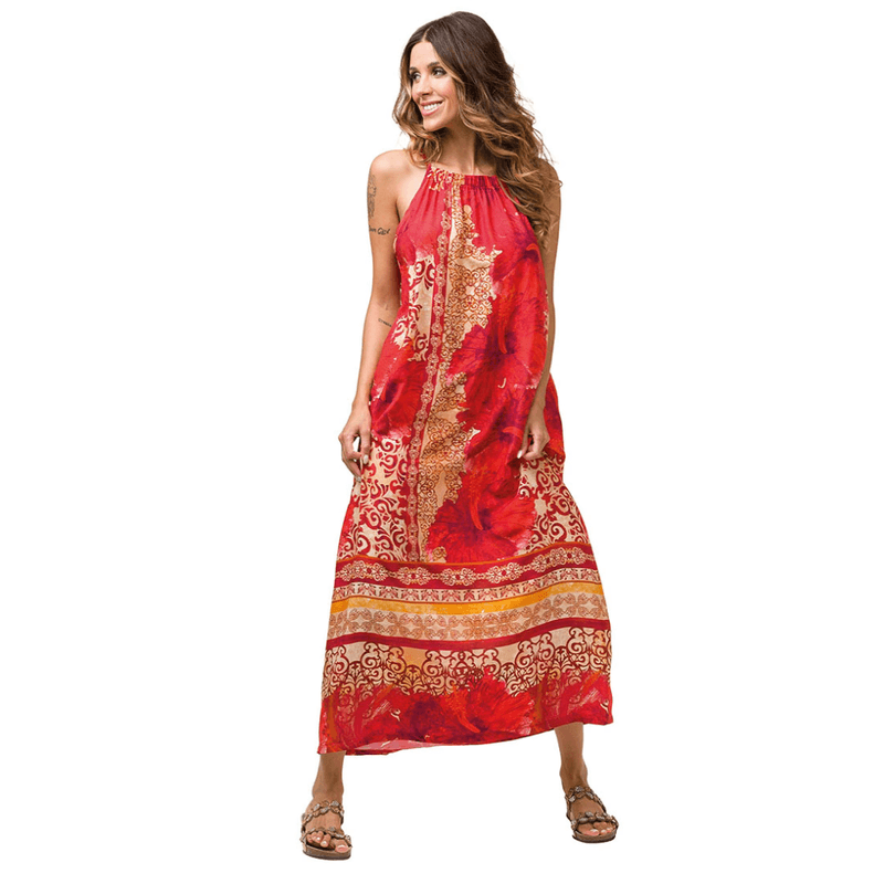 Abito estivo lungo in viscosa fantasia floreale rosso – curvy con bretellina